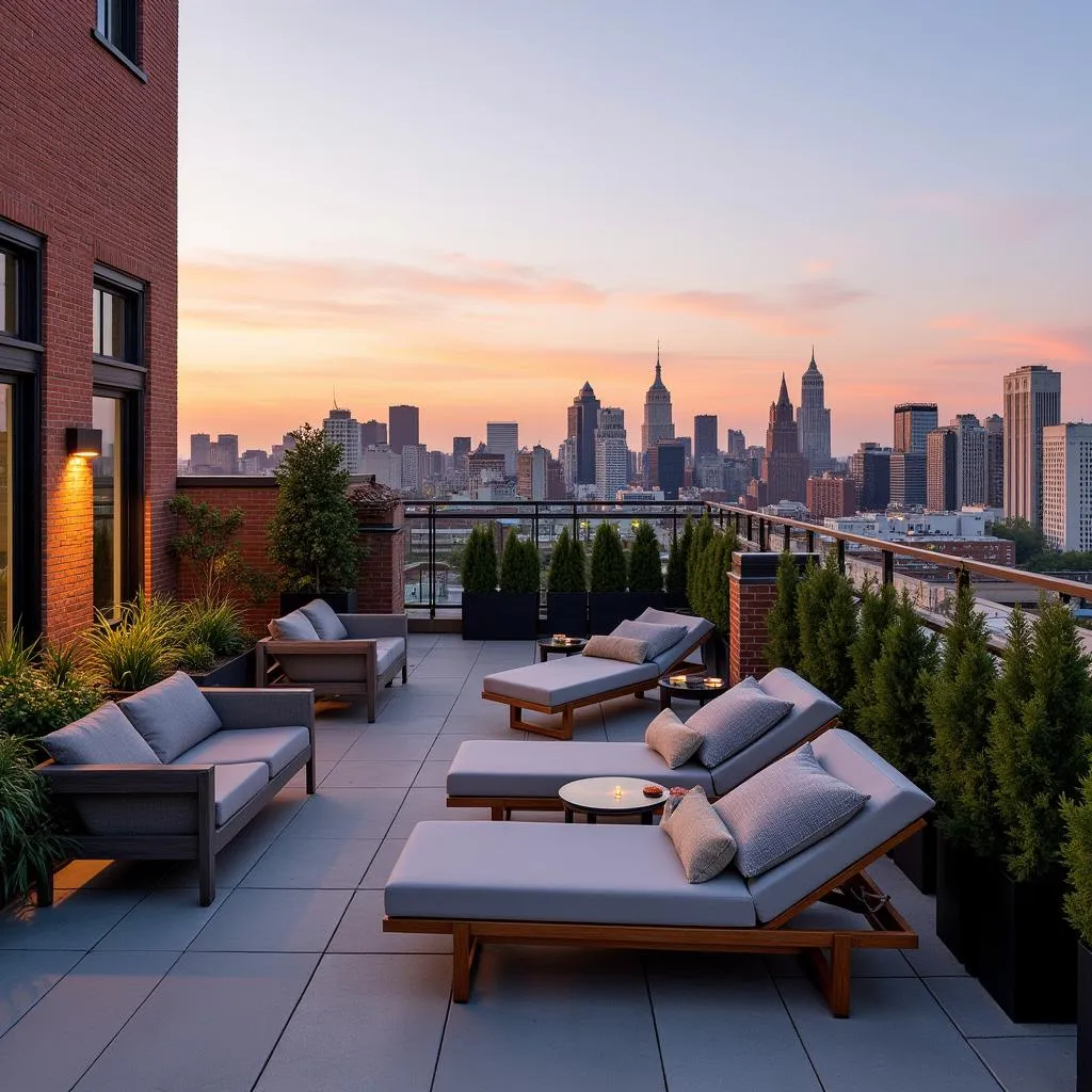 Rooftop terrace with lounge furniture and panoramic city views