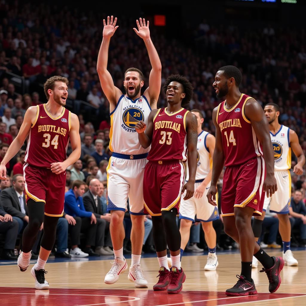 Basketball team celebrating a steal and fast break after a successful 1211 press