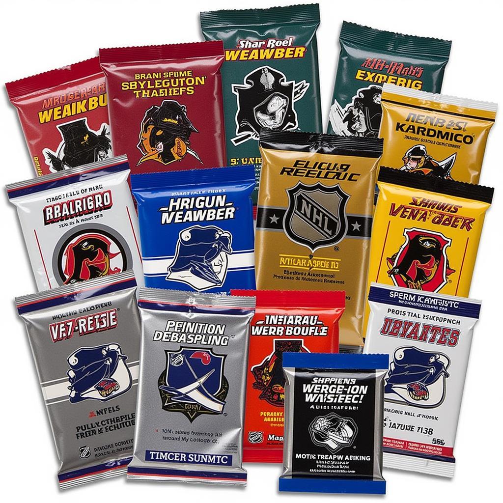 Stacks of unopened NHL trading card packs for the 23/24 season.