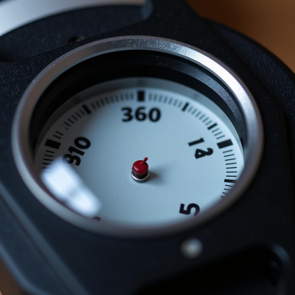 A scientist peering through a microscope with the numbers 360 and 1.2 visible on the magnification dial