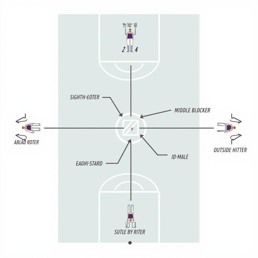 Volleyball court with marked player positions in a 6-2 defense formation