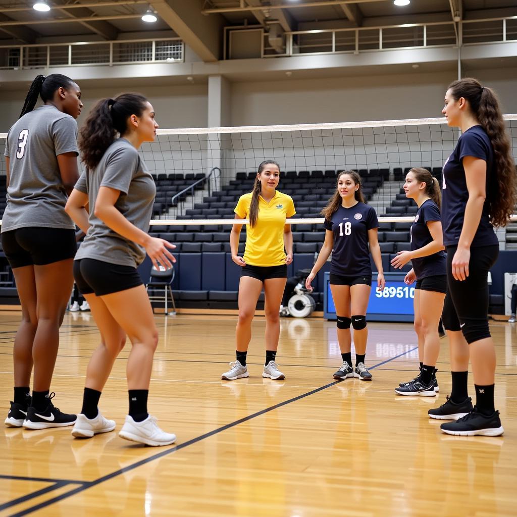 Volleyball team practicing 6-2 defense drills with a coach