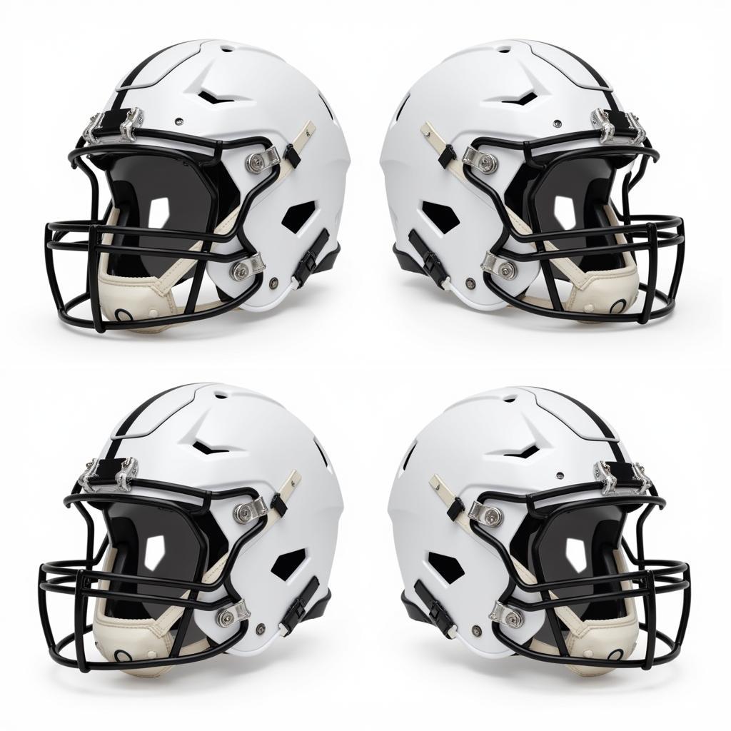 Different angles of an 808 facemask attached to a football helmet