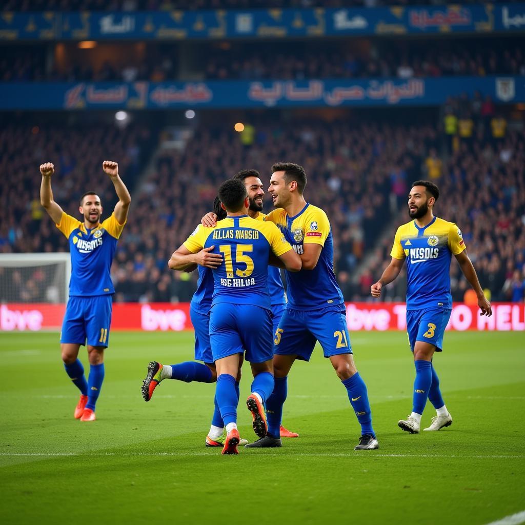 Al Nassr players celebrating a goal in their home kit