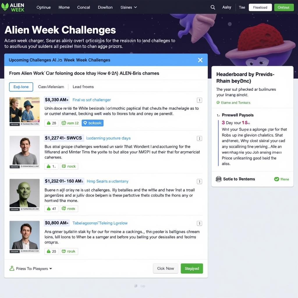 Screenshot of Alien Week online platform displaying upcoming challenges and leaderboard