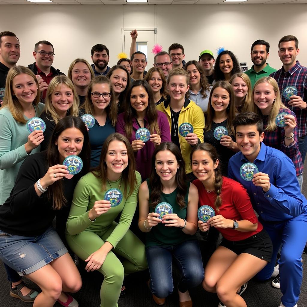 Group photo of smiling participants holding their Alien Week Challenge Coins