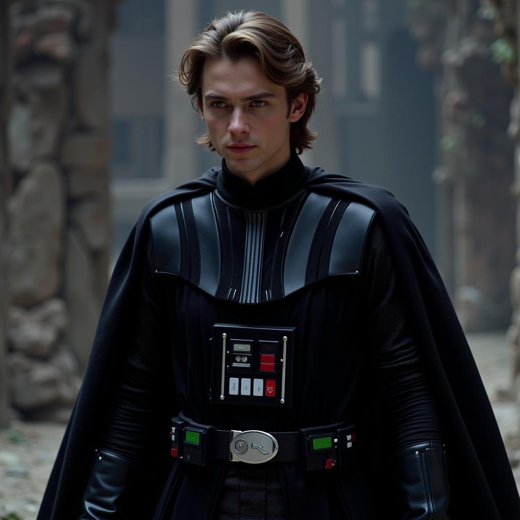 Anakin Skywalker wearing his Episode III suit, showcasing its sleek black design and imposing silhouette.