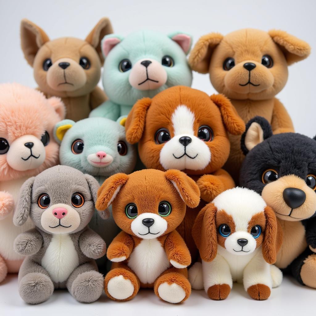 A variety of stuffed animals with different colored eyes