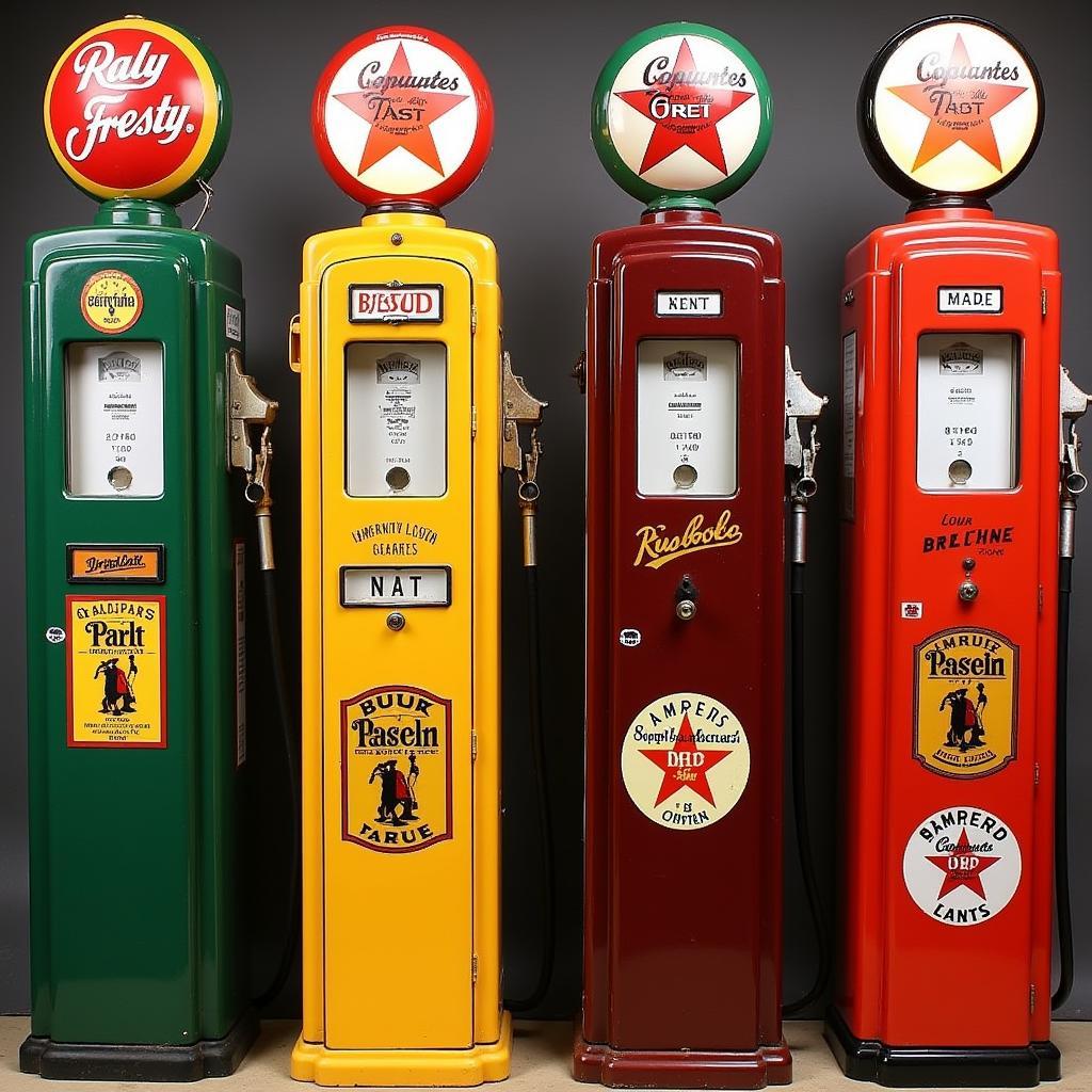 A collection of colorful antique gas pump globes.