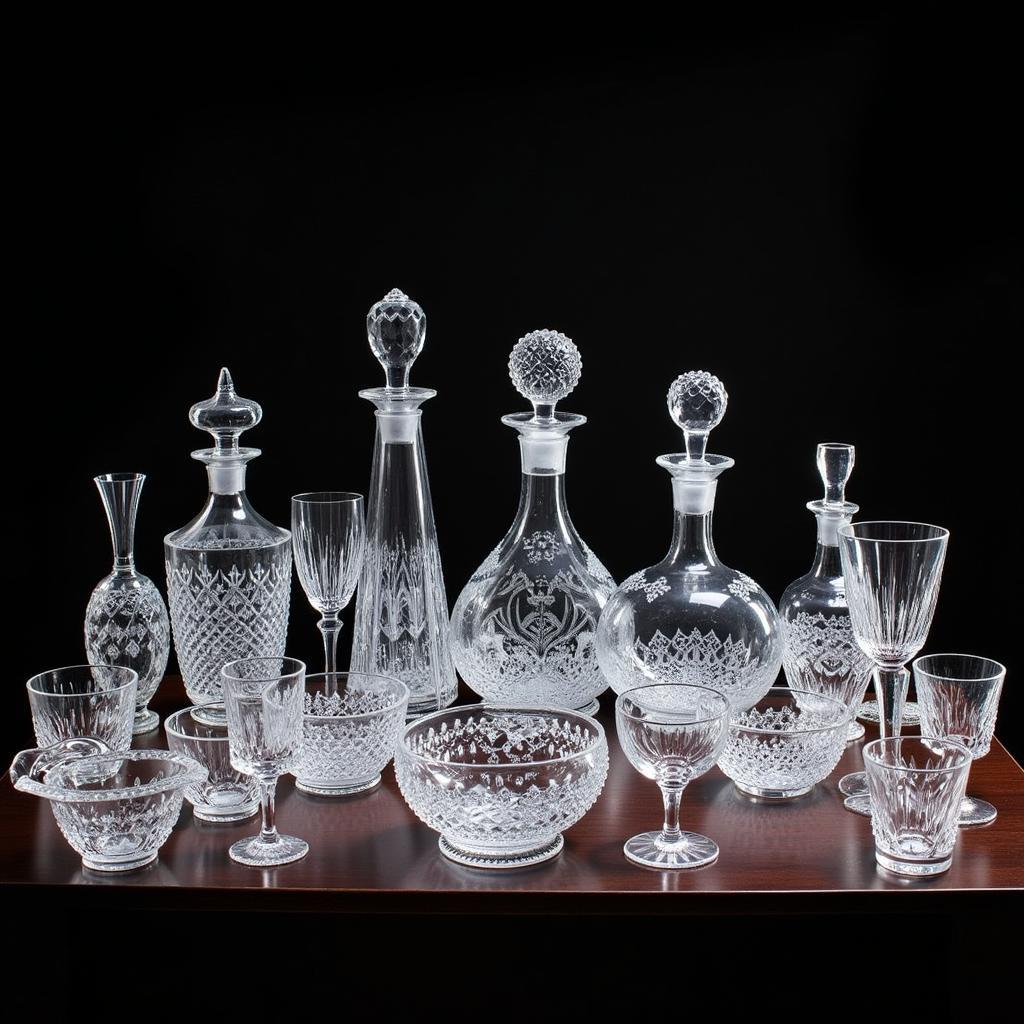 An assortment of antique Polish lead crystal pieces on display