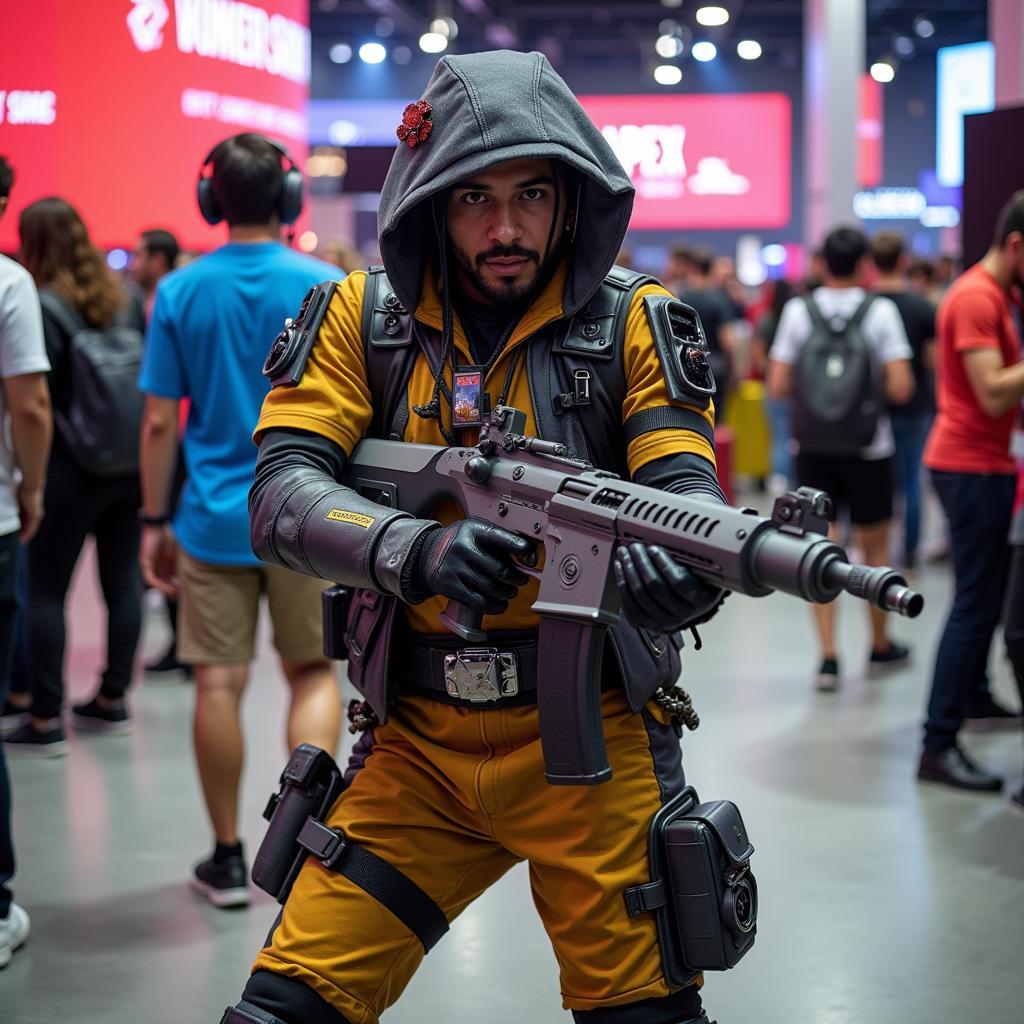 Cosplayer posing in a detailed Apex Legends costume at a convention