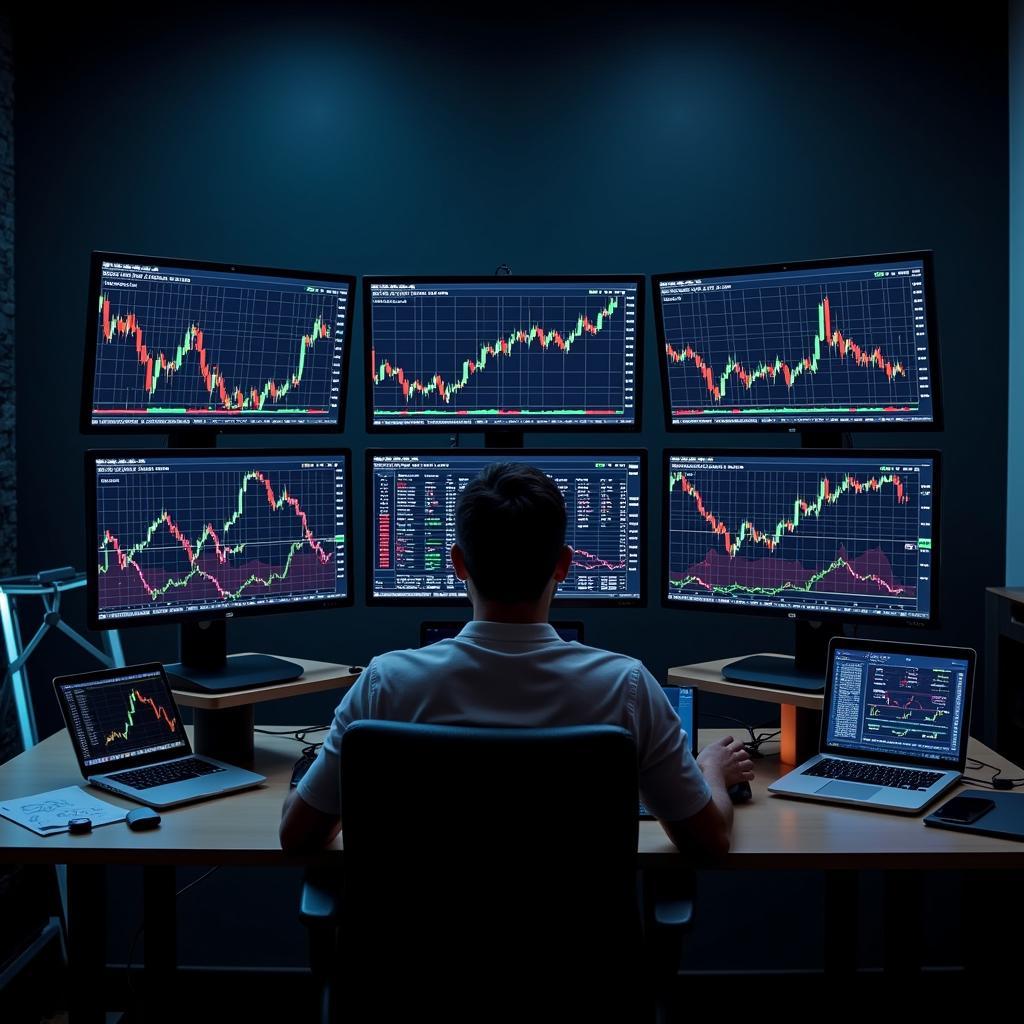 A trader's workstation with multiple monitors displaying charts and trading data from Apex Tradovate