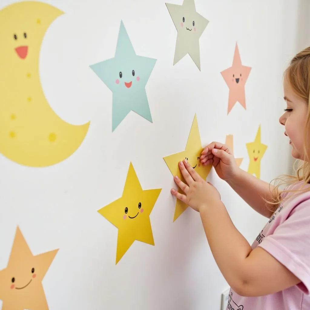 Applying moon wall sticker to a child's room