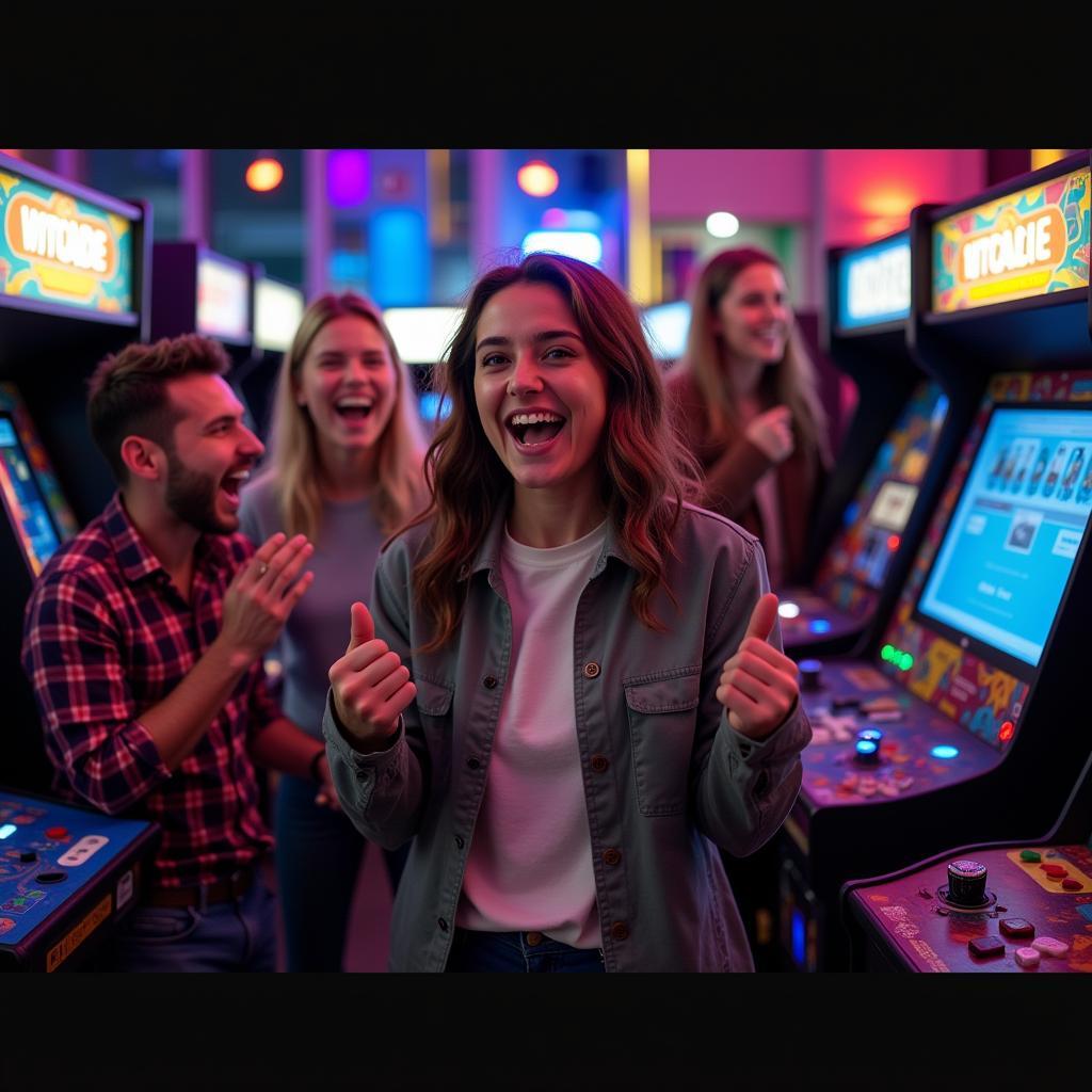 Group of friends enjoying arcade games