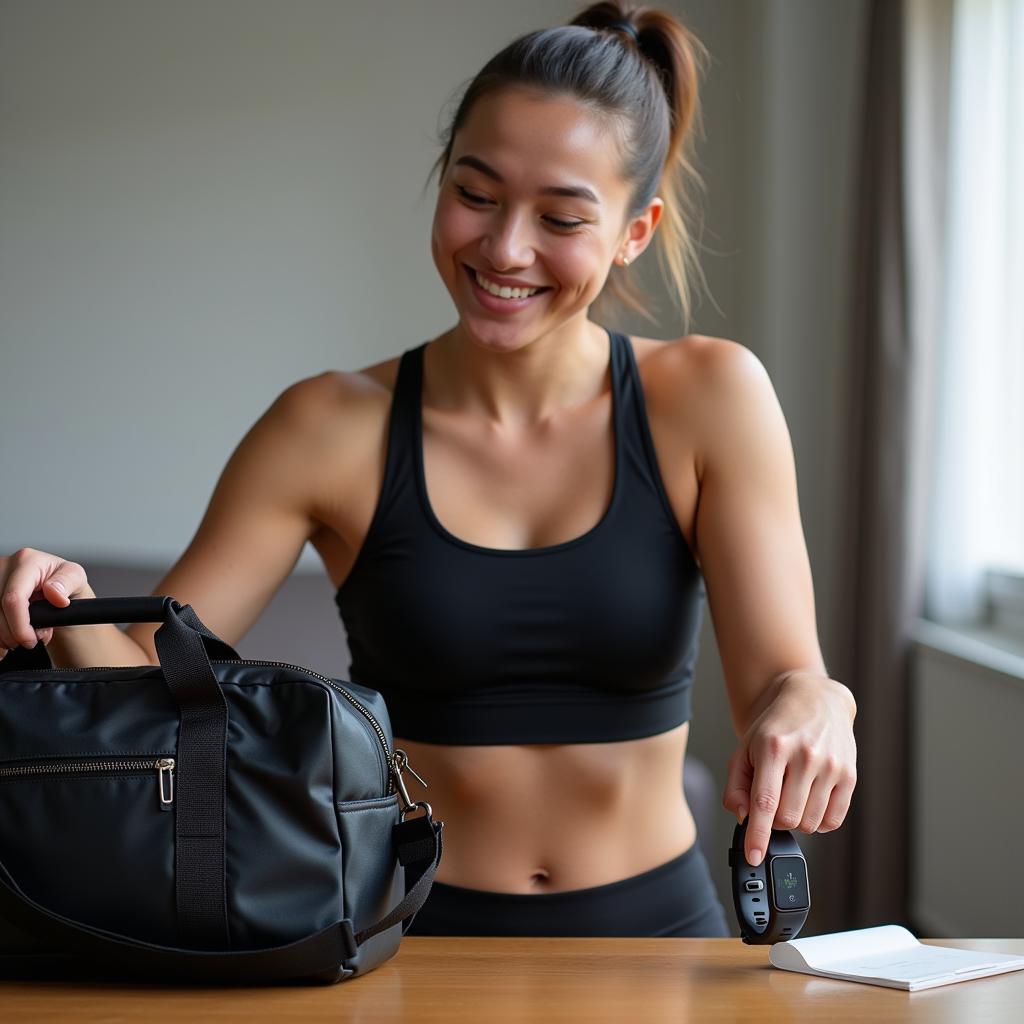 An athlete smiling while choosing between a new gym bag and a fitness tracker