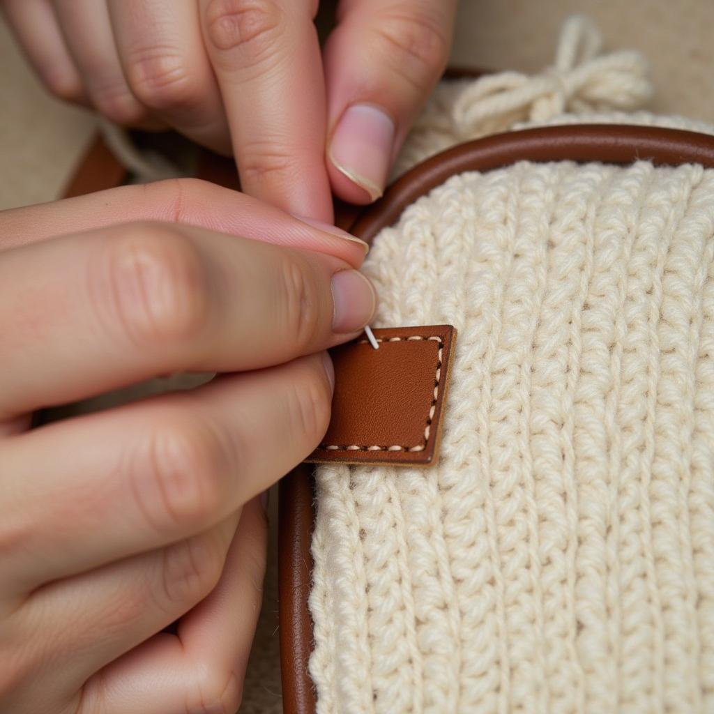 Sewing a leather tag onto a knitted bag.