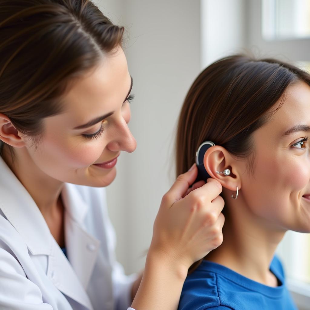 Audiologist Adjusting a Hearing Aid Earring