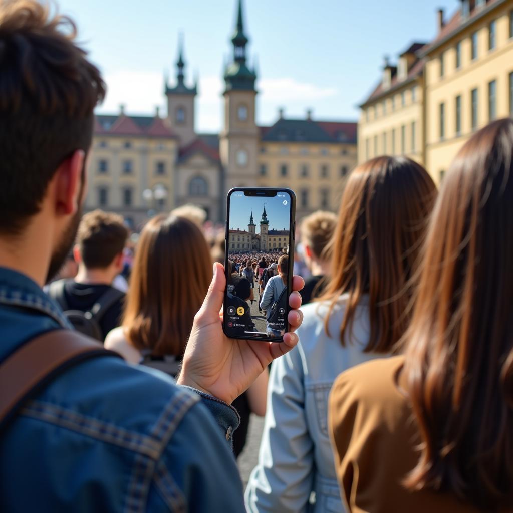 Tourists using AR app for a city tour