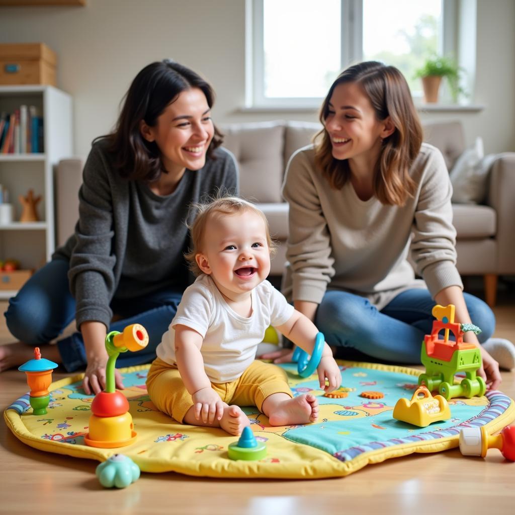 A baby playing on an interlocking play mat while their parents watch.