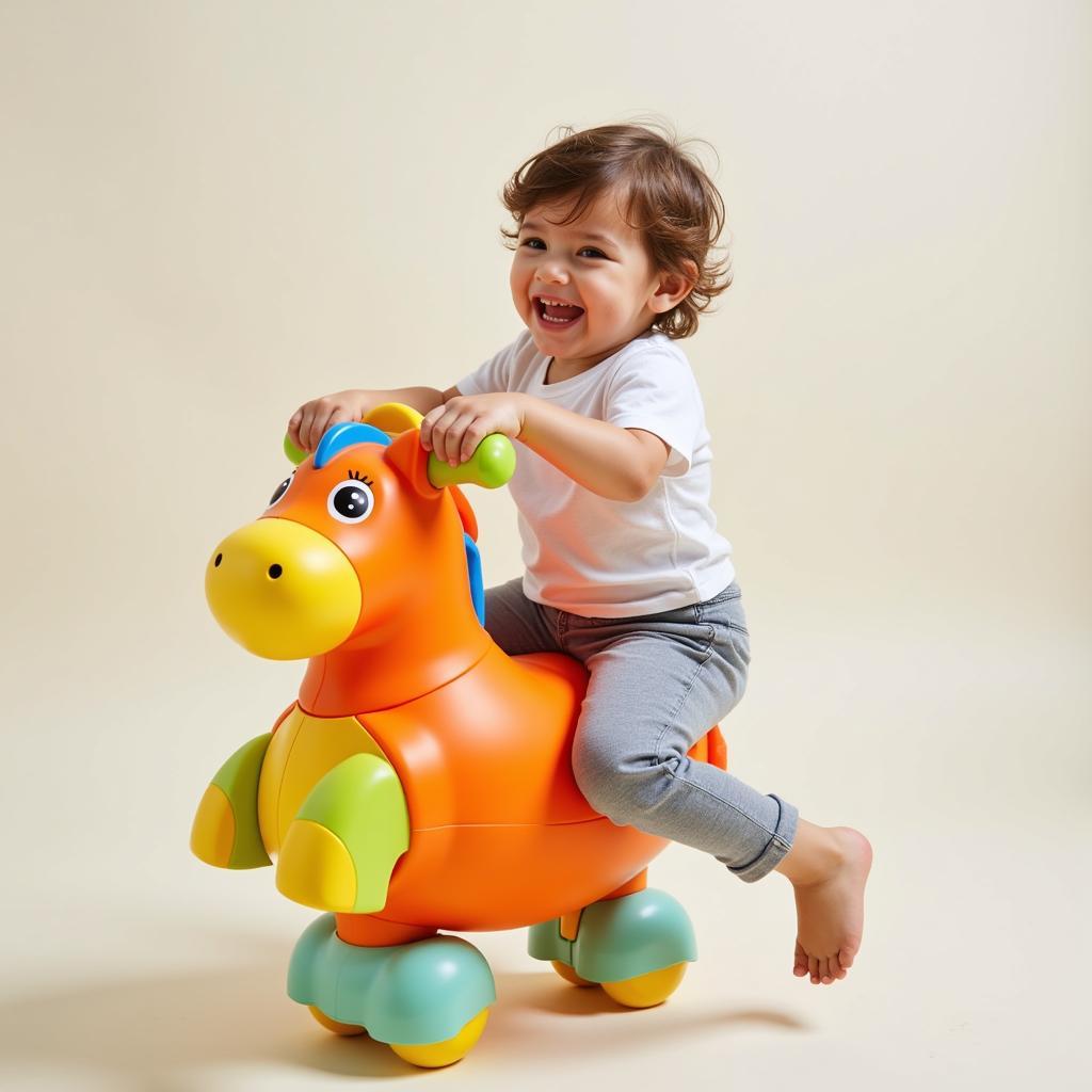 Child playing with a colorful ball horse toy