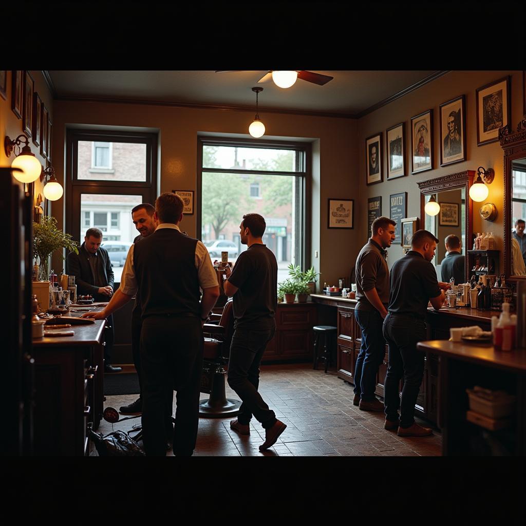 A bustling barbershop interior with customers getting haircuts and barbers at work