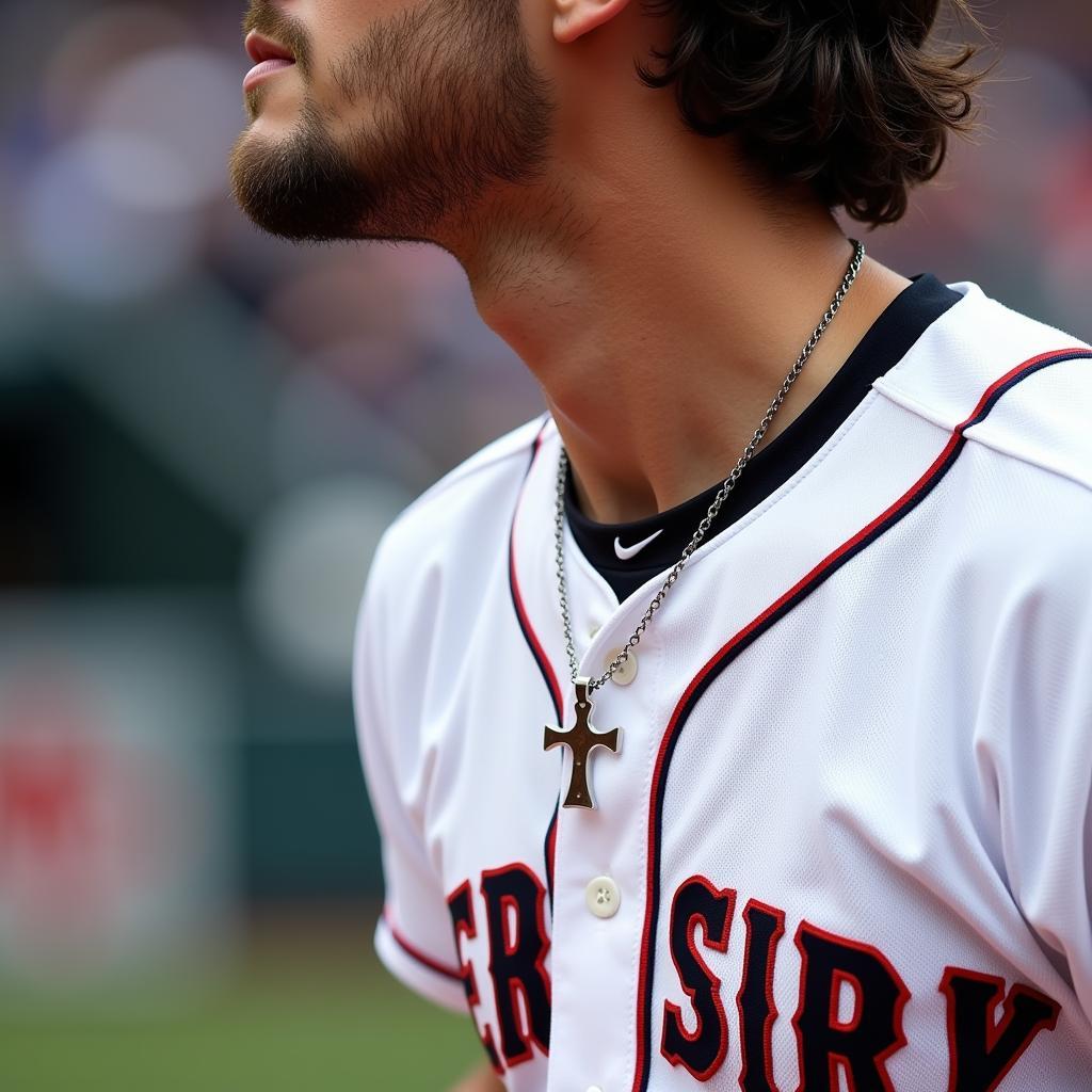 Baseball player wearing a necklace cross during a game