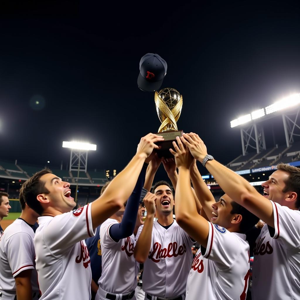 Baseball Team Celebrating with Trophy