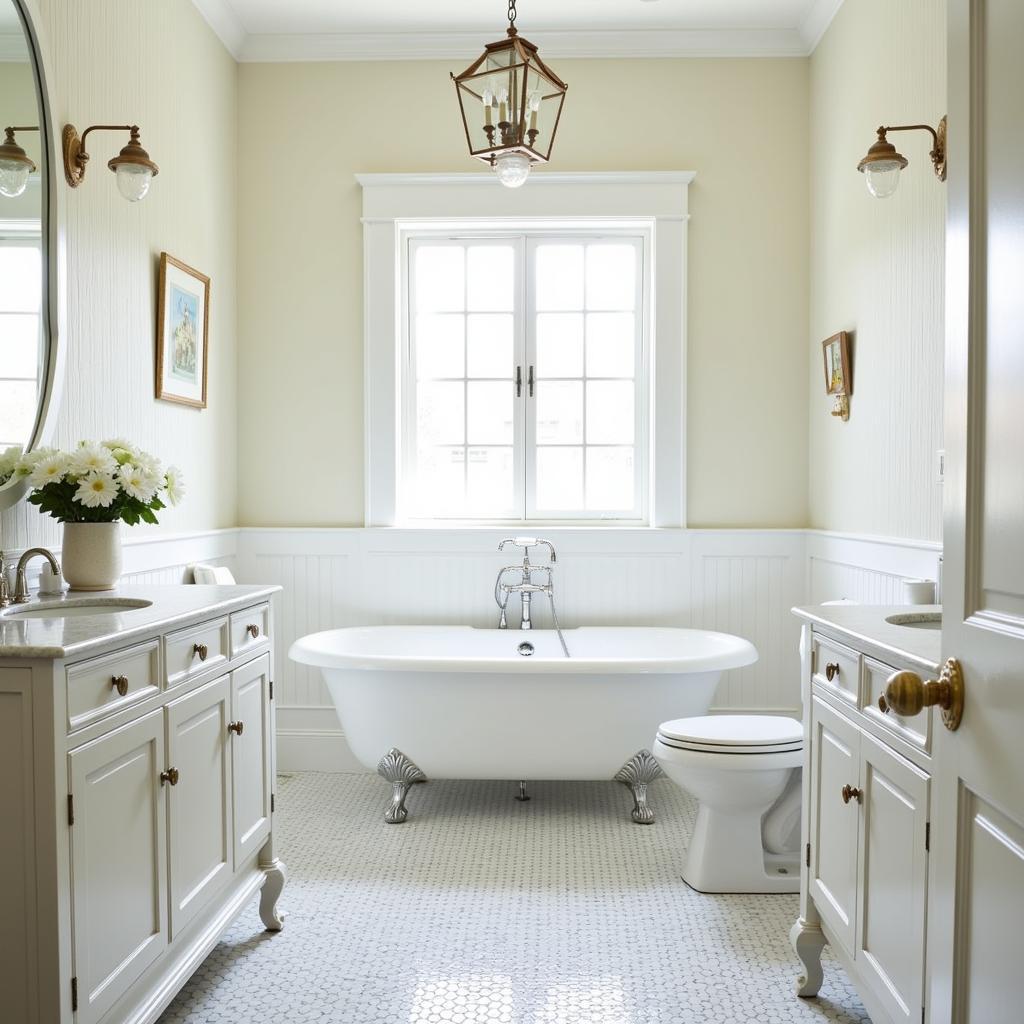 Bathroom with Vintage Fixtures and a Marble Basketweave Floor