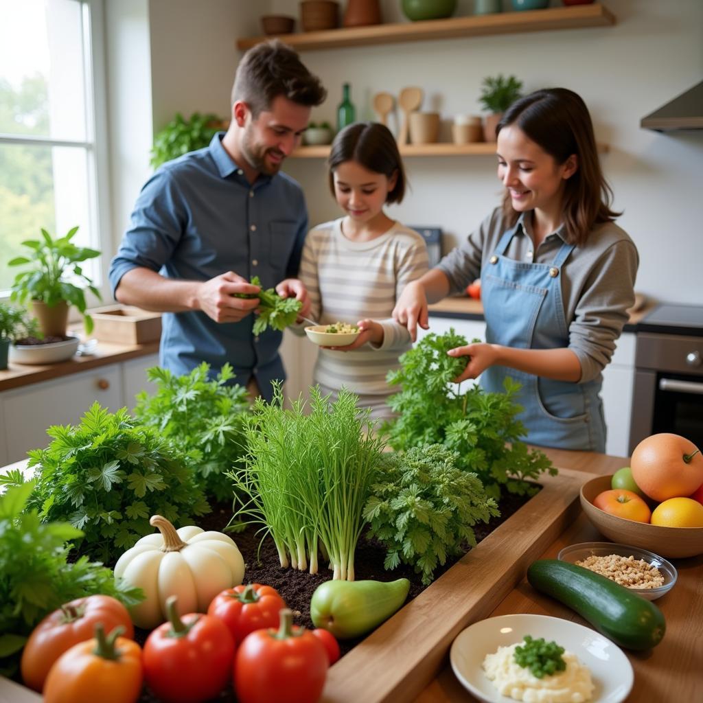 Fresh herbs and vegetables in a kitchen with a garden patch grow box in the background