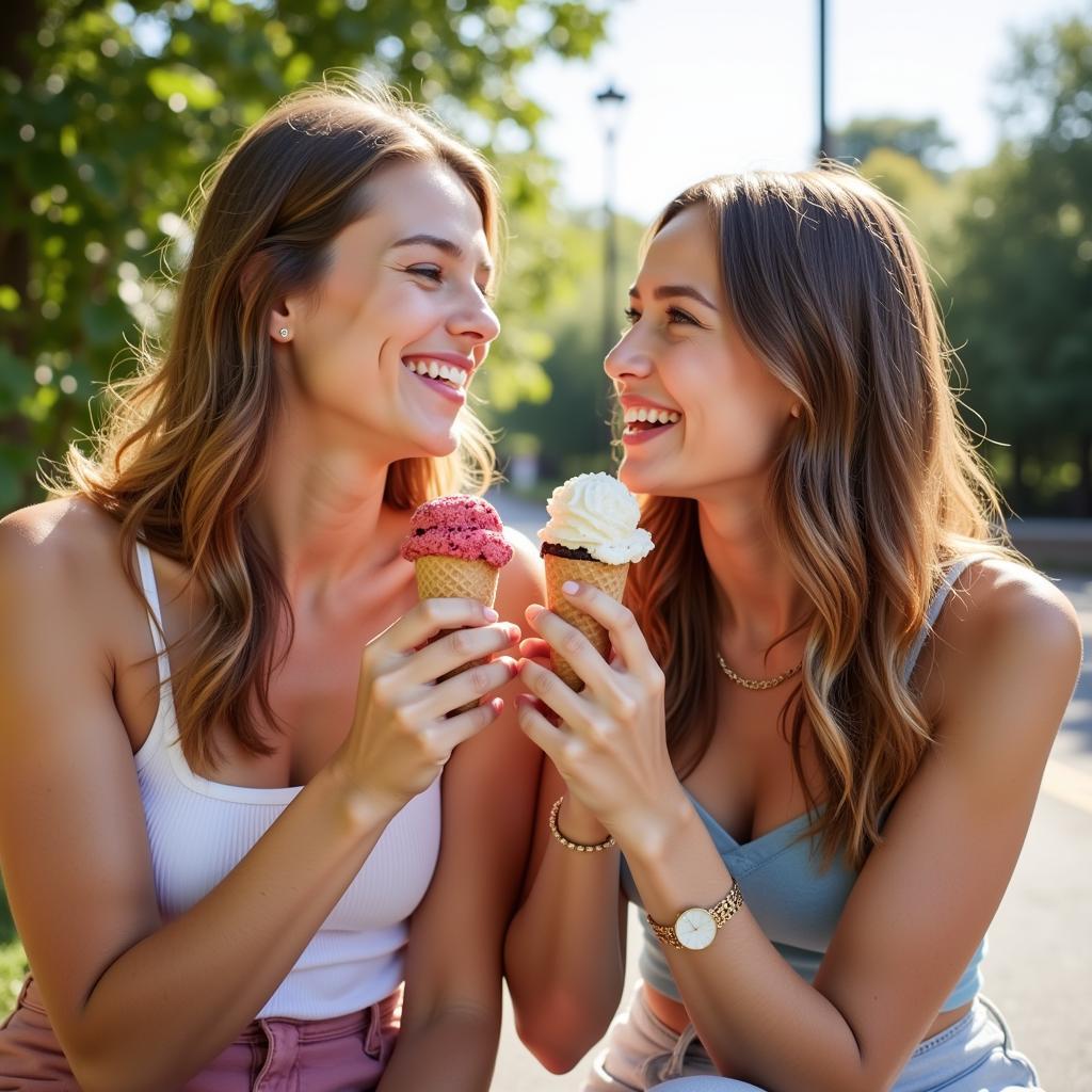 Two best friends laughing and enjoying ice cream cones together