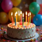 Birthday cake adorned with lit candles