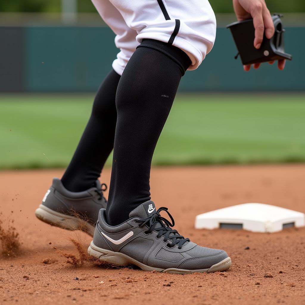 Black baseball socks on a player sliding into base