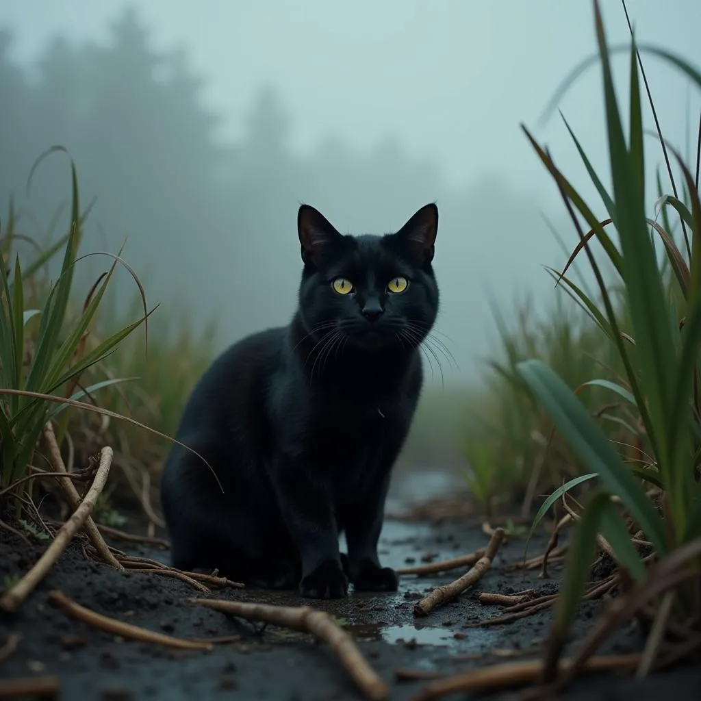 Black cat in the bog