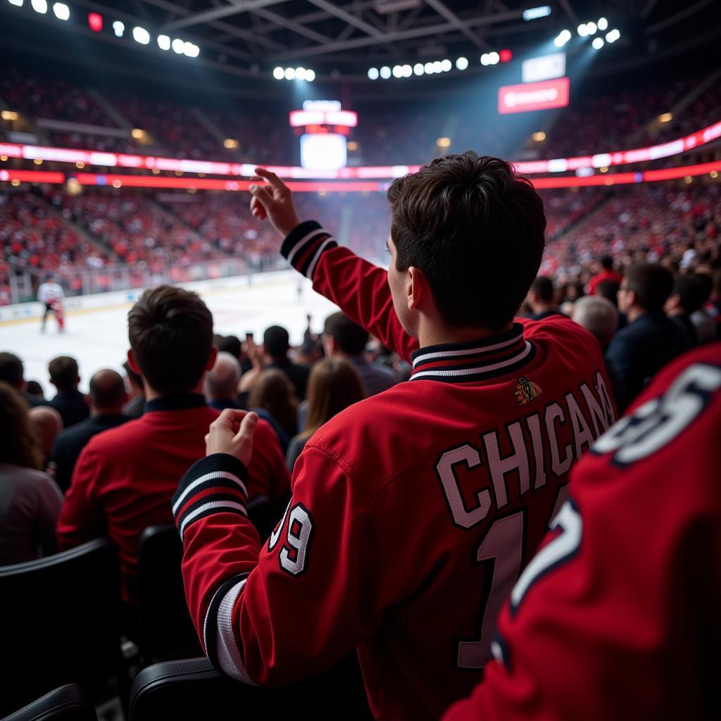 Chicago Blackhawks Fan Sporting a Starter Jacket at a Game