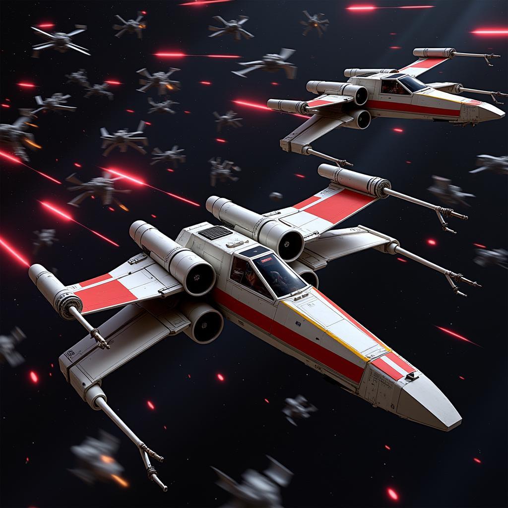 Blank Dameron and Poe Dameron Engaging in an Aerial Battle Against First Order TIE Fighters