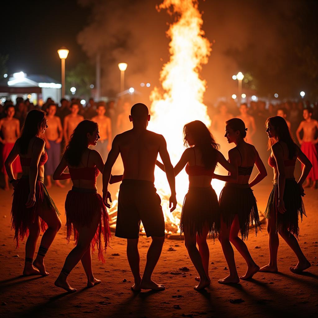 Players participate in a community dance during a blessing festival