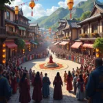 Players gather for a blessing festival event in a popular MMORPG