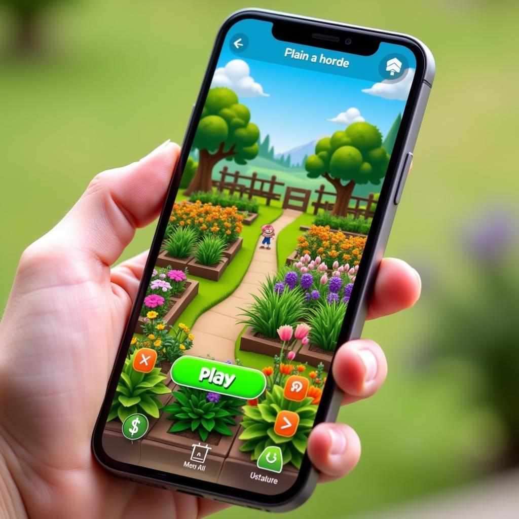 Mobile gaming interface showcasing a colorful blooming garden game