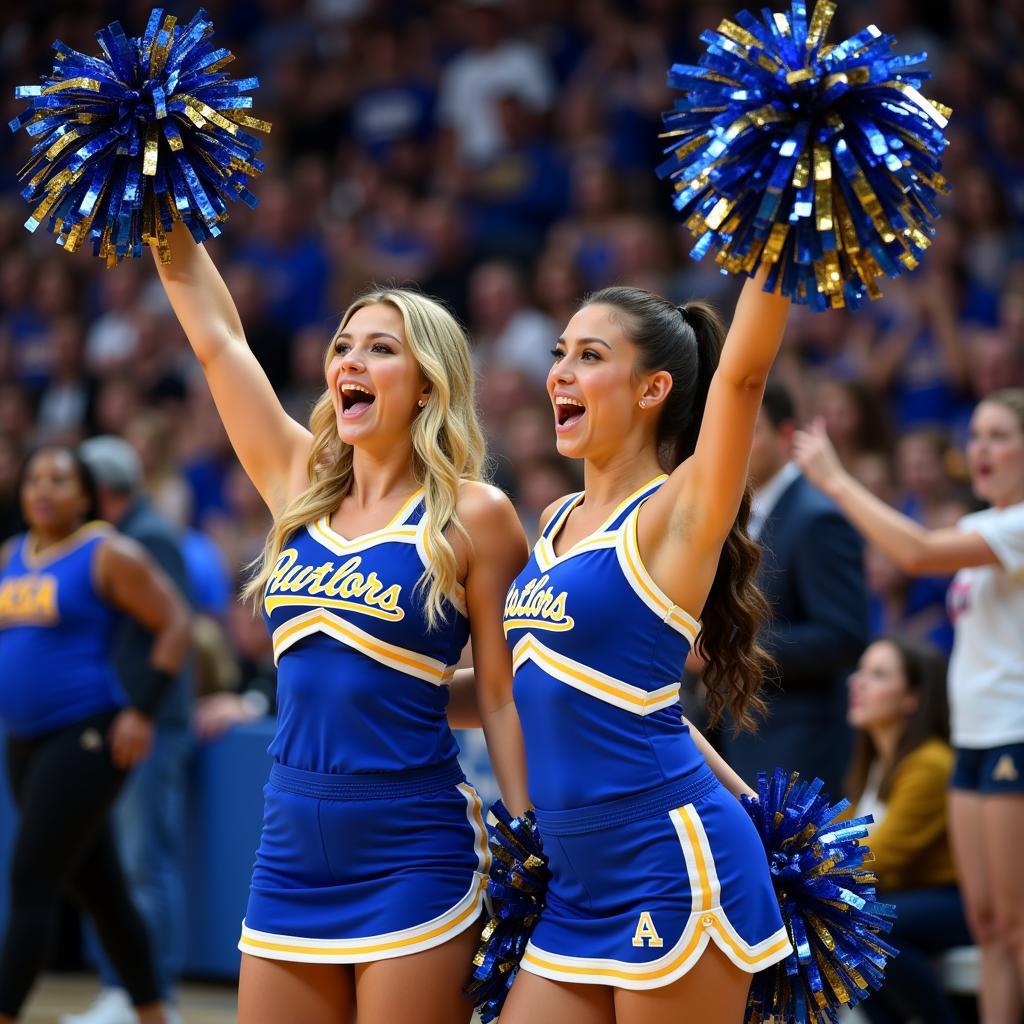 Cheerleaders Holding Blue and Gold Metallic Pom Poms