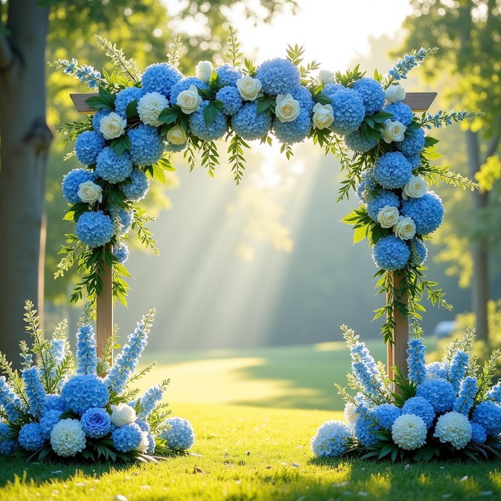 Blue Floral Swag Adorning a Wedding Arch