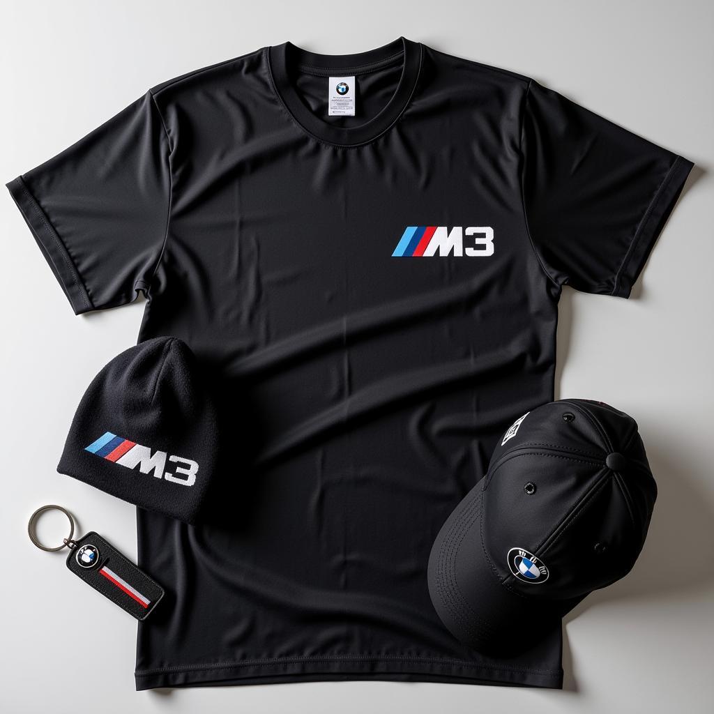 BMW M3 apparel: T-shirt, cap, and keychain.