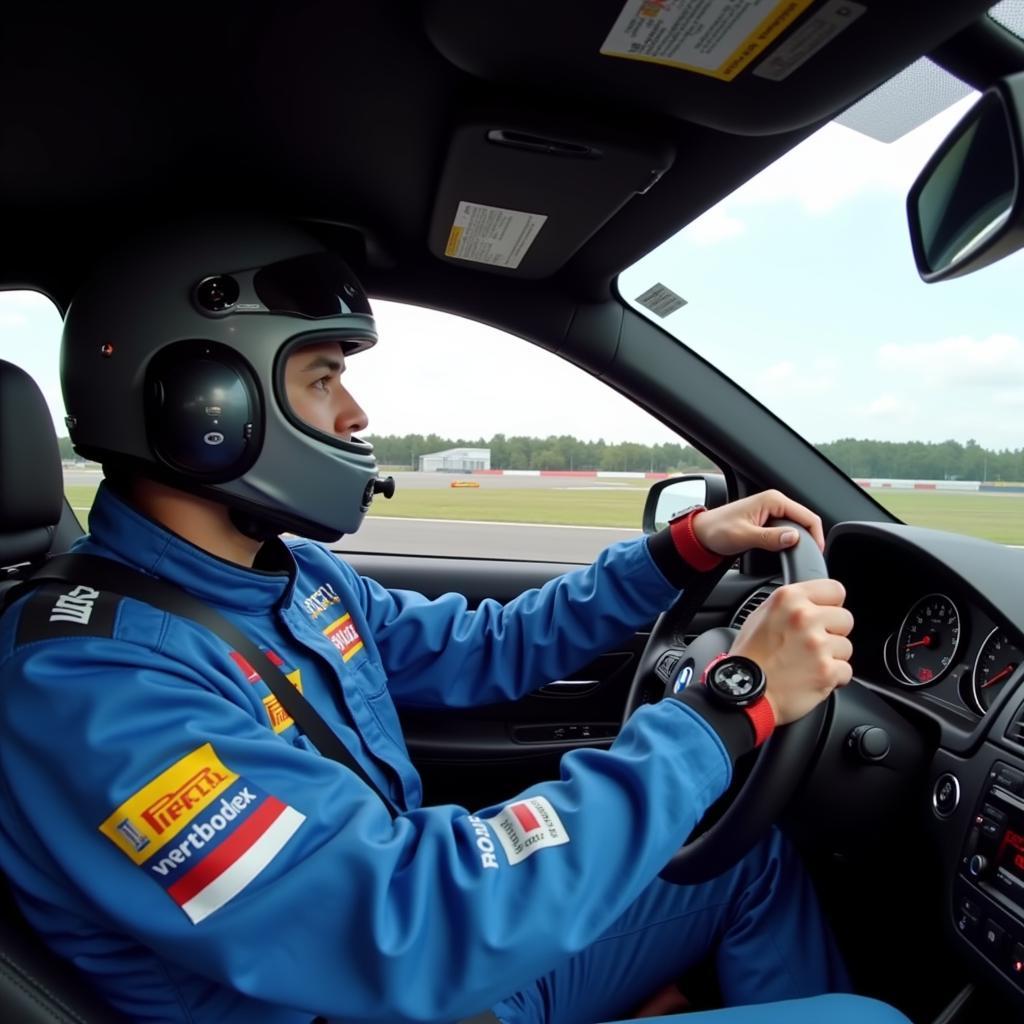  A man behind the wheel of a BMW M3 on a racetrack. 