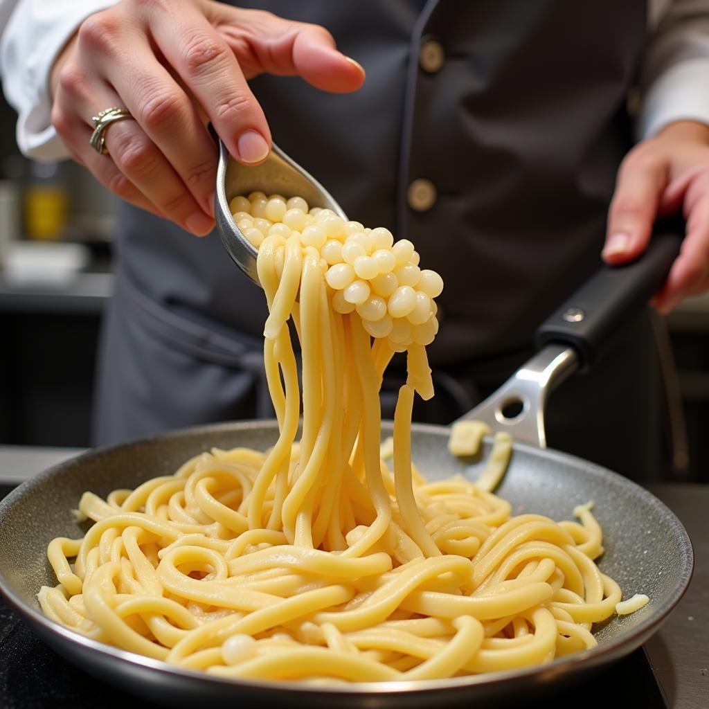 Preparing boba fettuccine in a restaurant kitchen