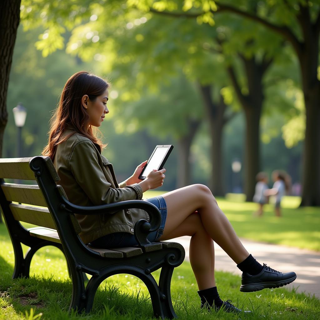 Person enjoying an e-reader outdoors