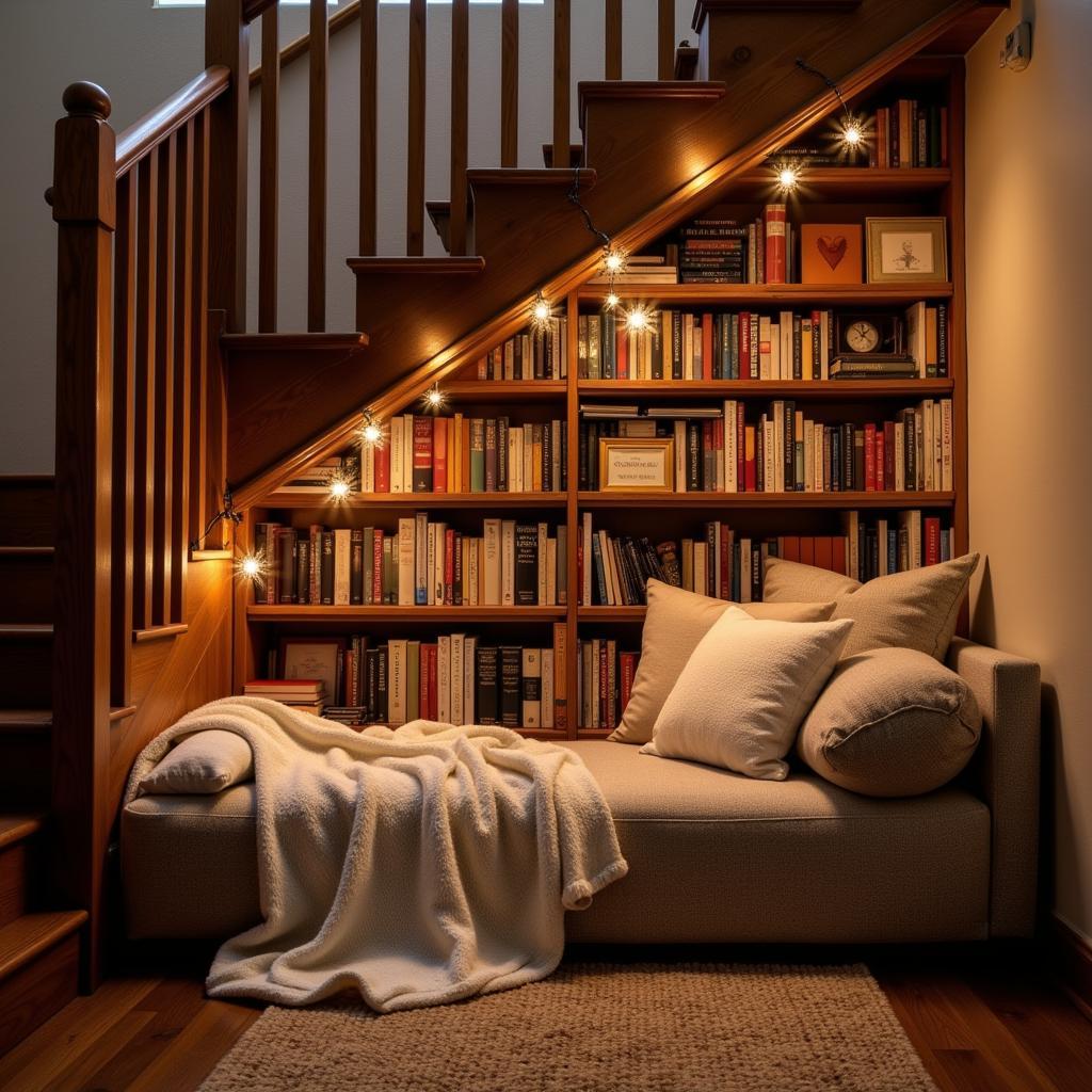 A whimsical book nook nestled under the stairs with plush cushions and enchanting fairy lights