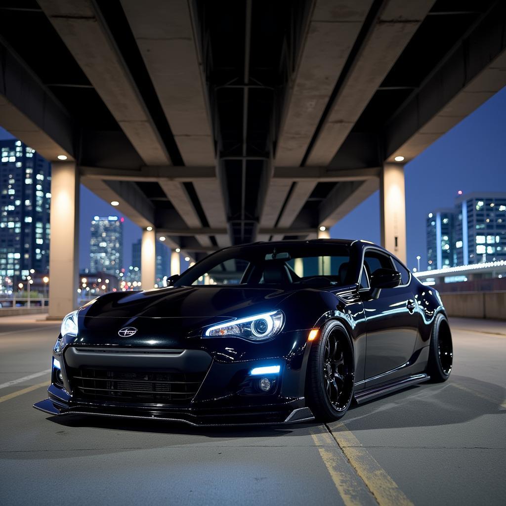 Modified Subaru BRZ with Pandem kit parked in a city at night