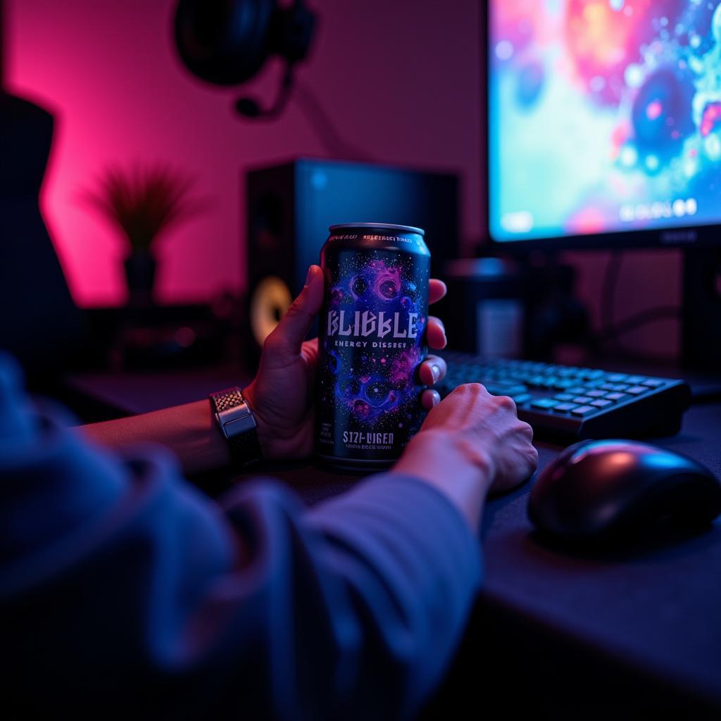 Gamer Reaching for Bubble Energy Drink During Intense Gameplay Session