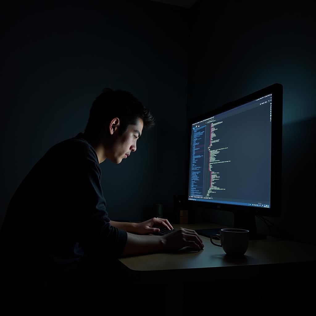 A developer working late at night with a cup of coffee, surrounded by code on their computer screen