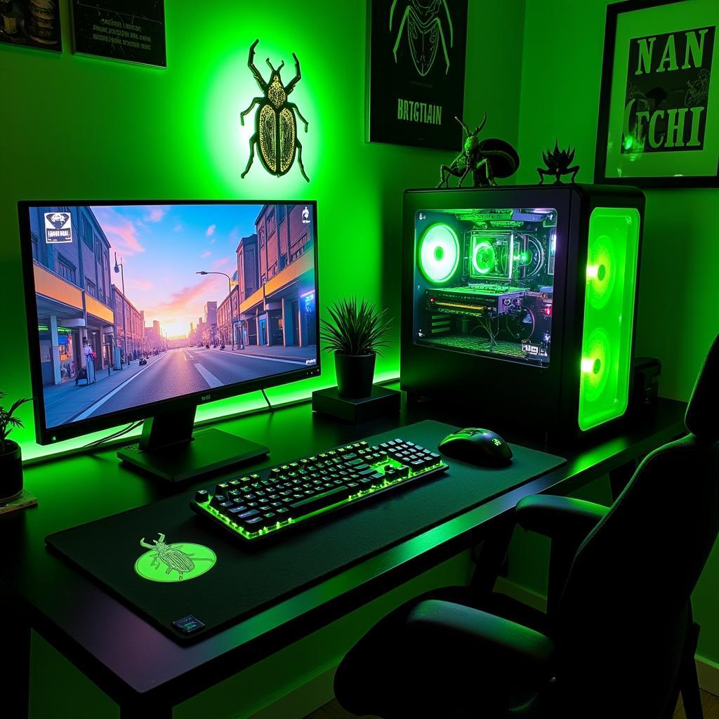 A gaming setup decorated with bug decor elements.