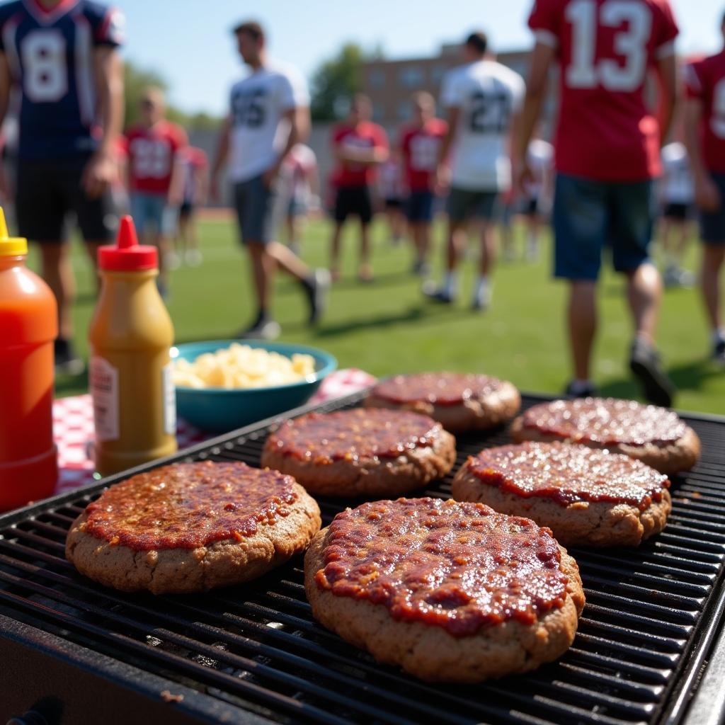 Grilling Burgers at a Football Tailgate Party